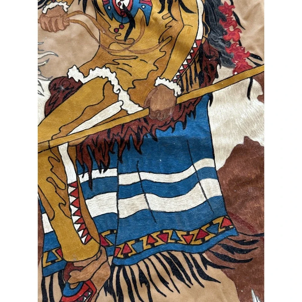 Vintage Native American on Horse Painted Velvet Cloth Wall Hanging Fringe